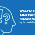 An illustration of a head with two question marks and an exclamation mark. It says, "What to expect after cushing's disease surgery: by Dr. Lewis Blevins."